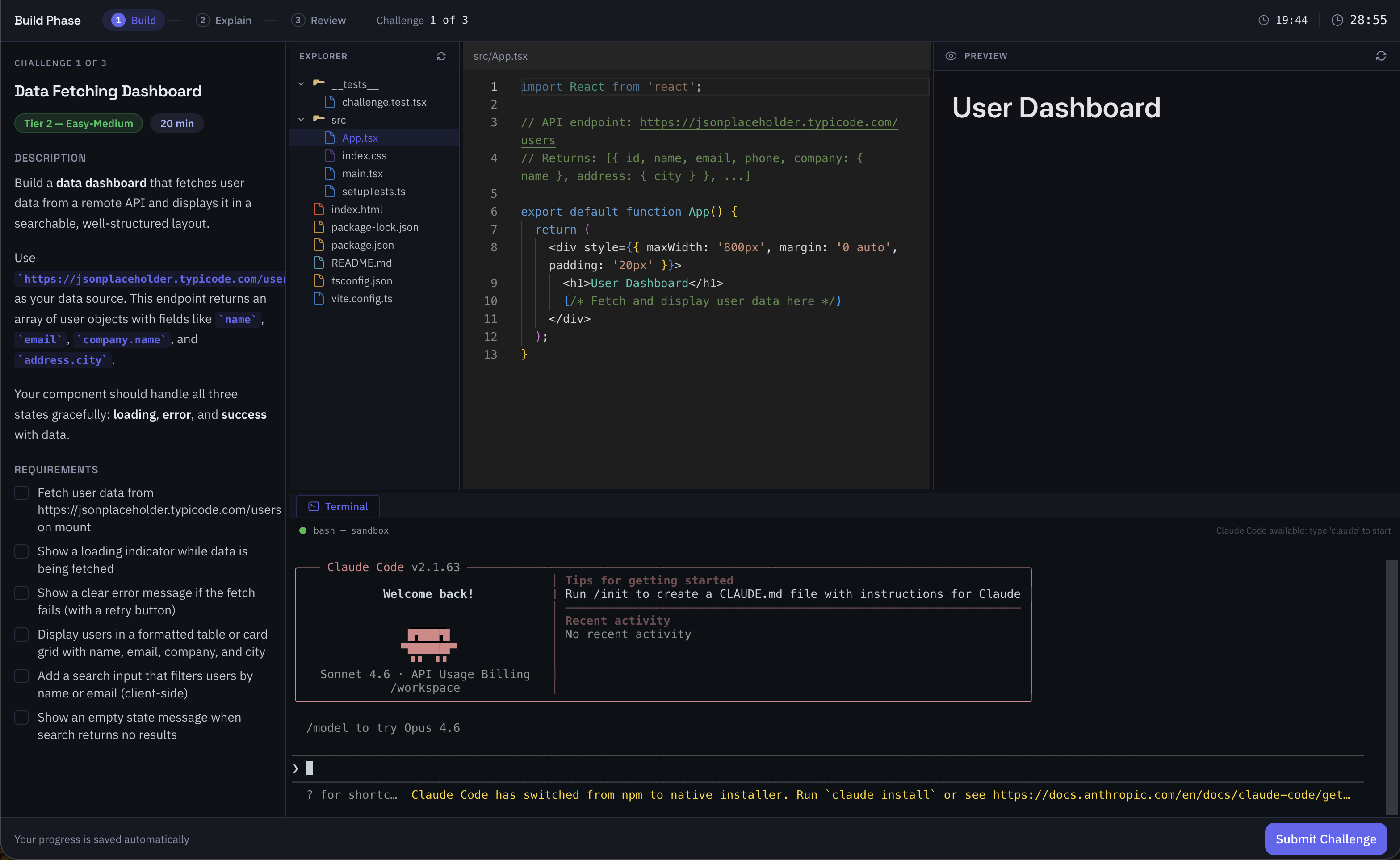 CodeBench assessment interface — AI-powered code editor with real-time analysis